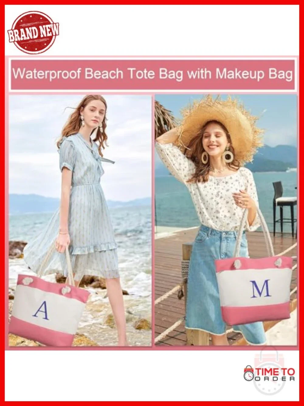 Large Waterproof Canvas Beach Tote with Zipper Closure and Monogram